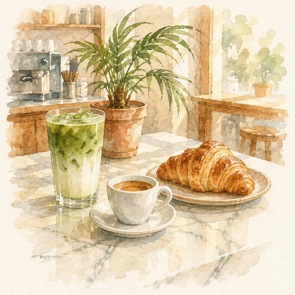 Watercolour of the counter in the morning: an iced matcha, an espresso and a croissant beside a potted palm.