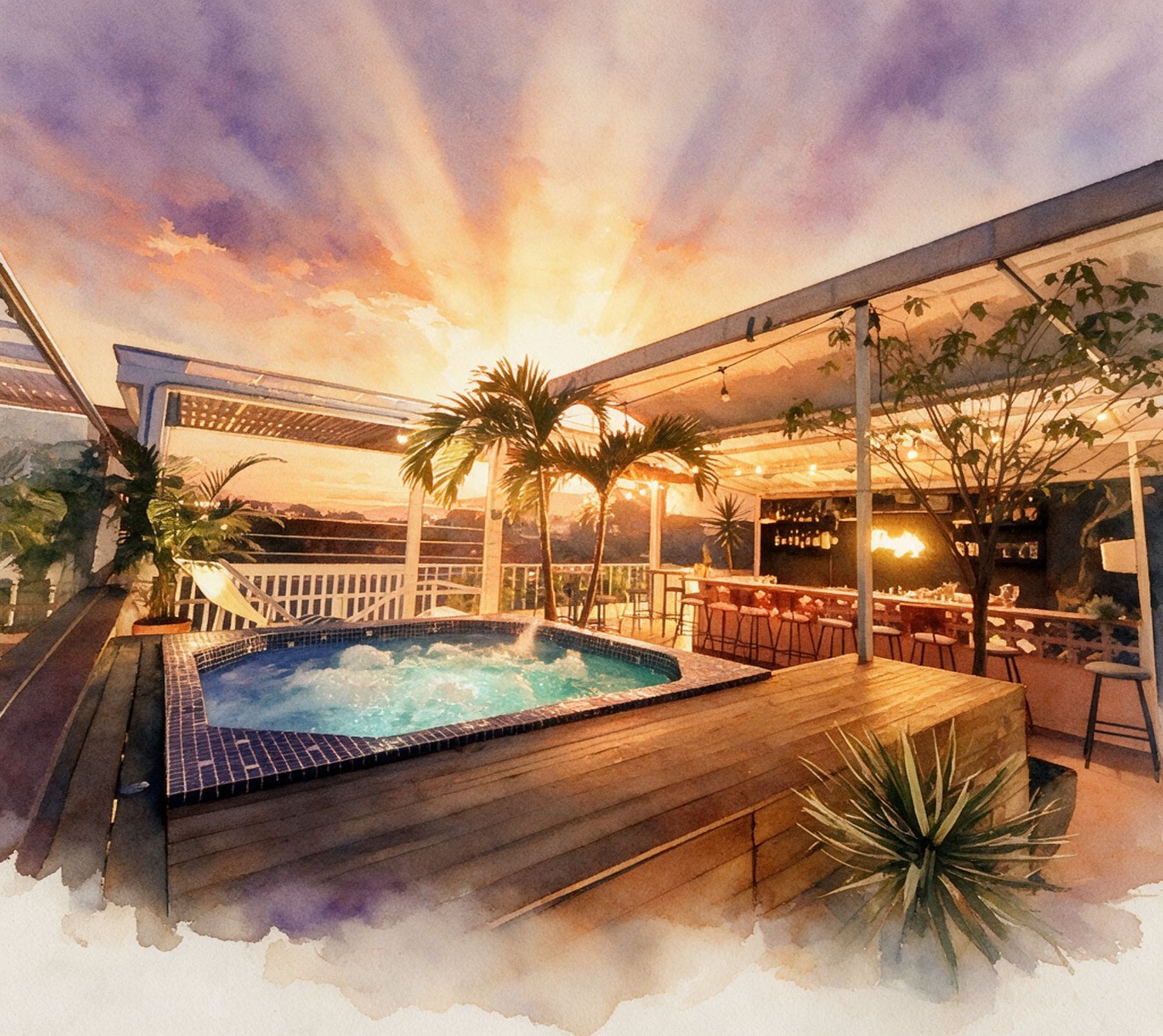 The rooftop at sunset in watercolour: the jacuzzi, the bar and palms under a gold sky.
