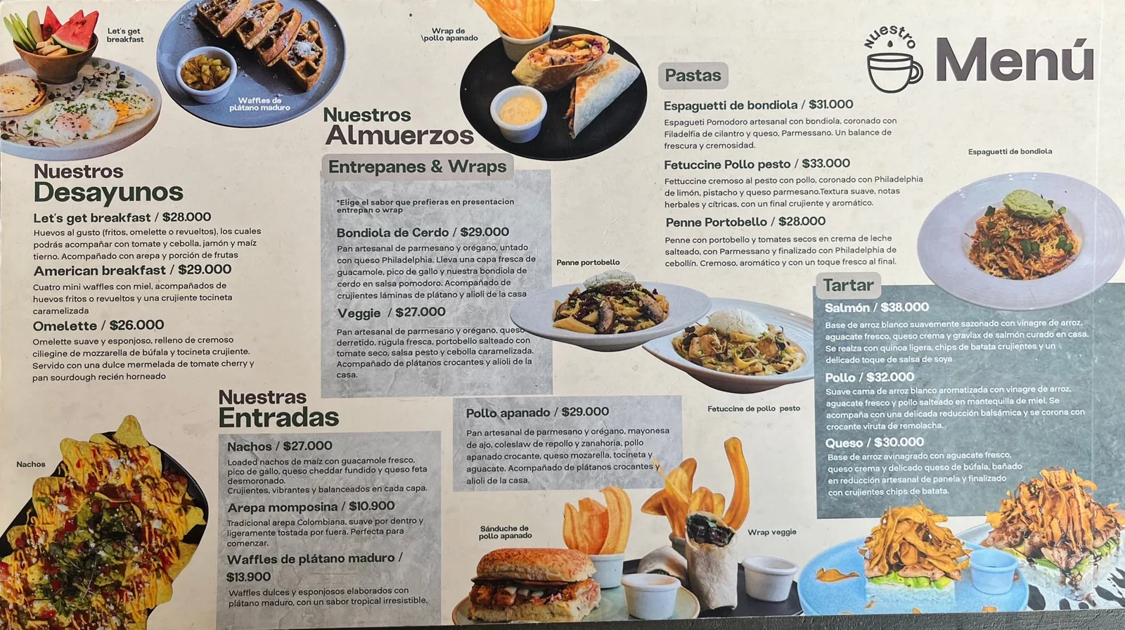 The menu, page one: breakfasts, lunches, wraps, pastas and starters, with photos of each dish.