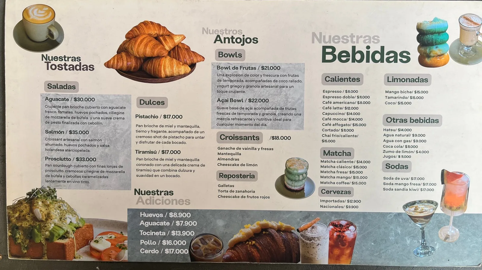The menu, page two: toasts, bowls, croissants, sweets, matcha, coffee, lemonades and other drinks.
