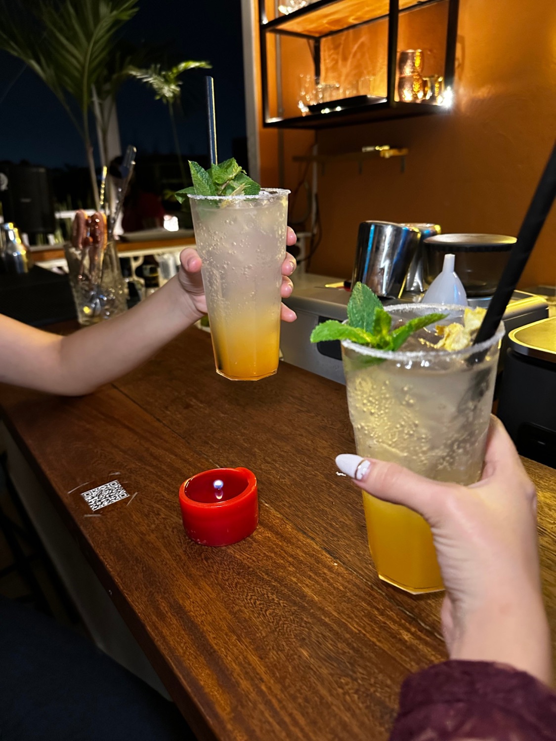Two cocktails with mint raised in a toast at the rooftop bar.